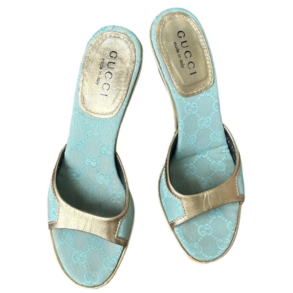 GUCCI KITTEN HEEL PEEP TOE VINTAGE TURQUOISE & GOLD! Size 6.5